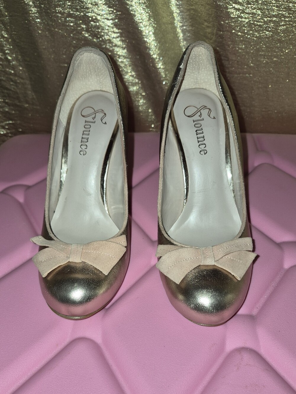 Flounce Metallic Rose Gold Pumps with Blush Bow